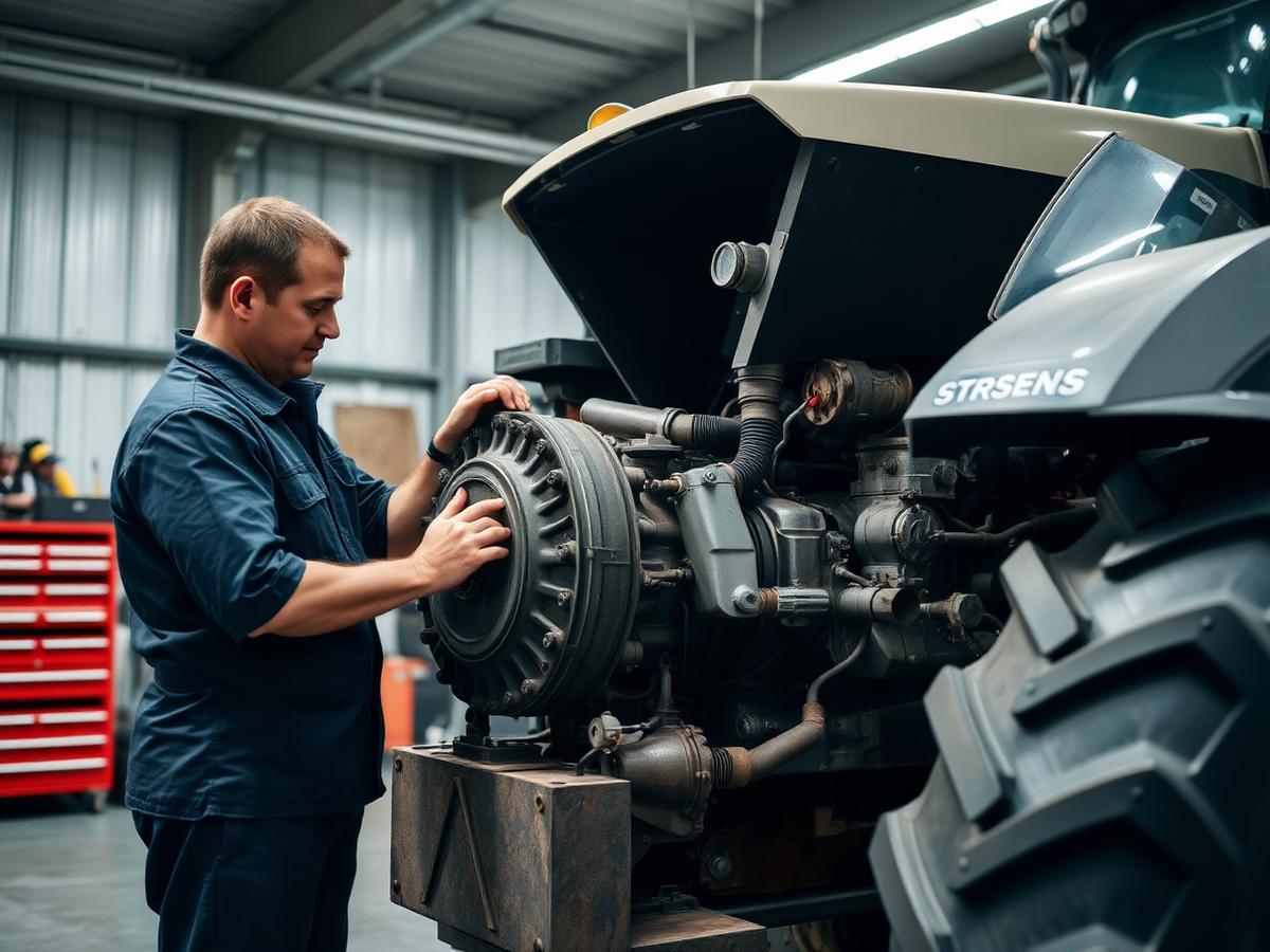 Técnico realizando manutenção em máquina agrícola